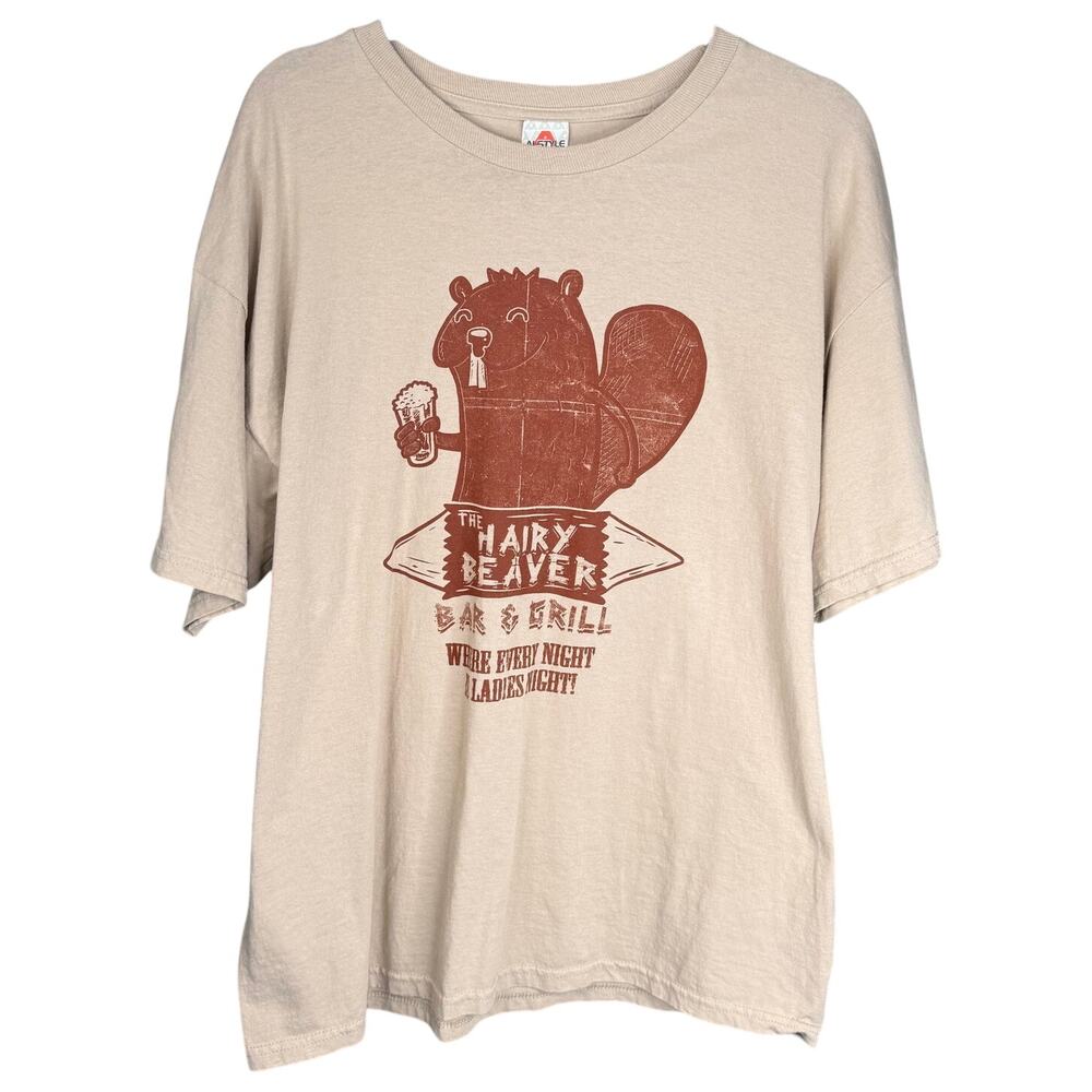 Mens XL Novelty T Shirt The Hairy Beaver Bar & Grill Funny Drinking Graphic Tee